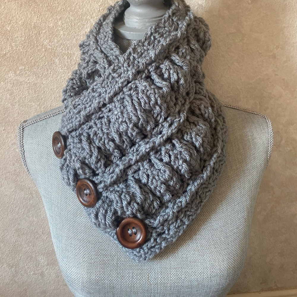 Handmade crochet scarf with wooden buttons